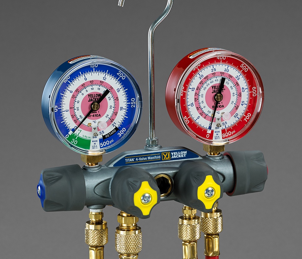 Yellow Jacket® 49963 Titan 4-Valve Test And Charging Manifold - R-22, R-404A, R-410A