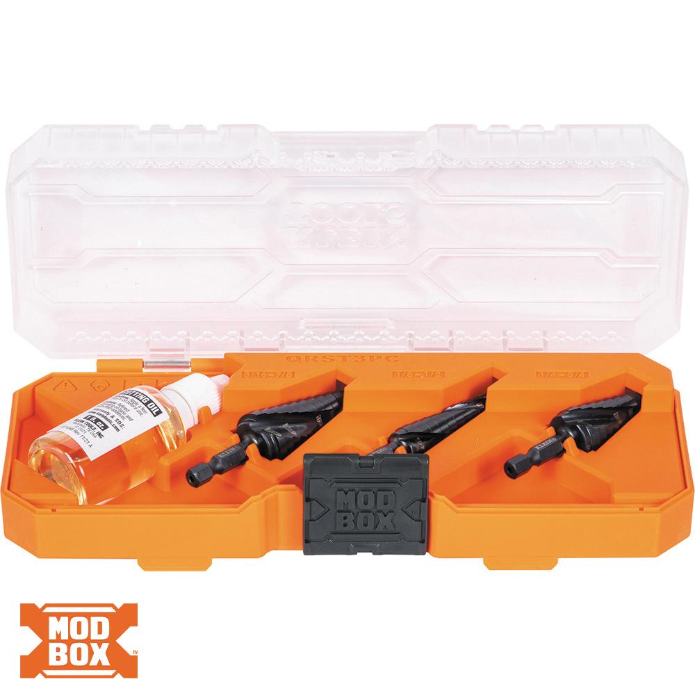KLEIN TOOLS® QRST3PC Premium Quick Release Step Bit Kit, 1/8 in, 1/4 in, 3/16 in Min Drill Bit, 3-Piece, HSS