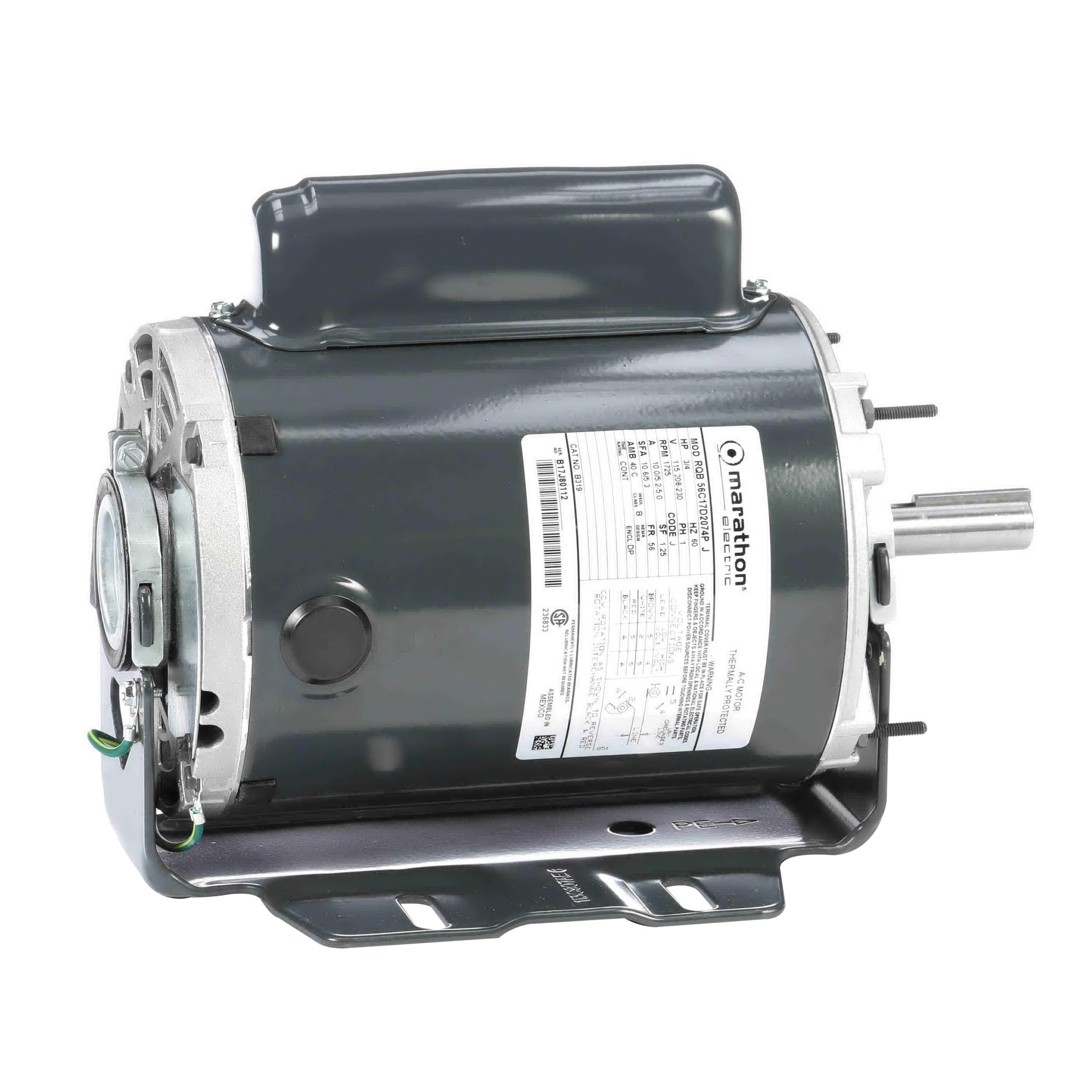 Marathon® 056C17D2074 B319 Motor, 115/208 to 230 VAC, 10/5.2 to 5 A, 3/4 hp, 1725 rpm Speed, 0.56 kW, 1 ph, 60 Hz