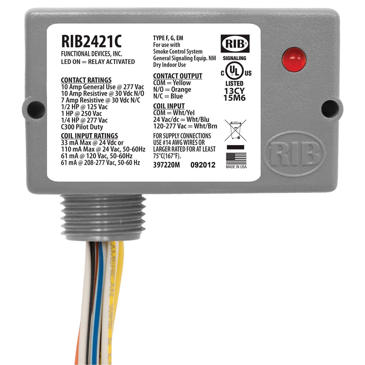 Functional Devices™ RIB2421C RIB Enclosed Pilot Control Relay, 10 A, SPDT, 120 to 277 VAC Coil