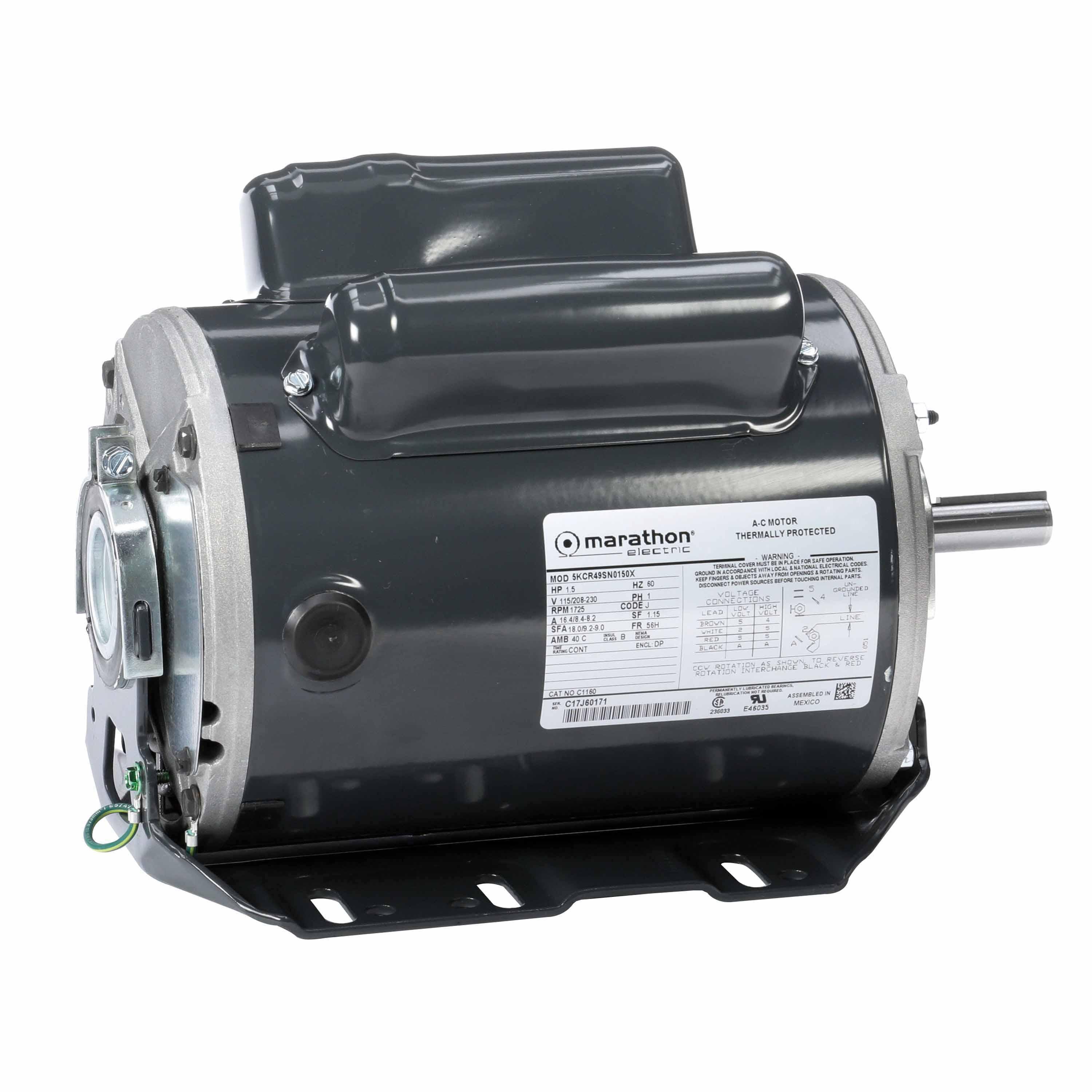 Marathon® 5KCR49SN0150X C1160 Motor, 115/208 to 230 VAC, 16.4/8.4 to 8.2 A, 1-1/2 hp, 1725 rpm Speed, 1.1 kW, 60 Hz