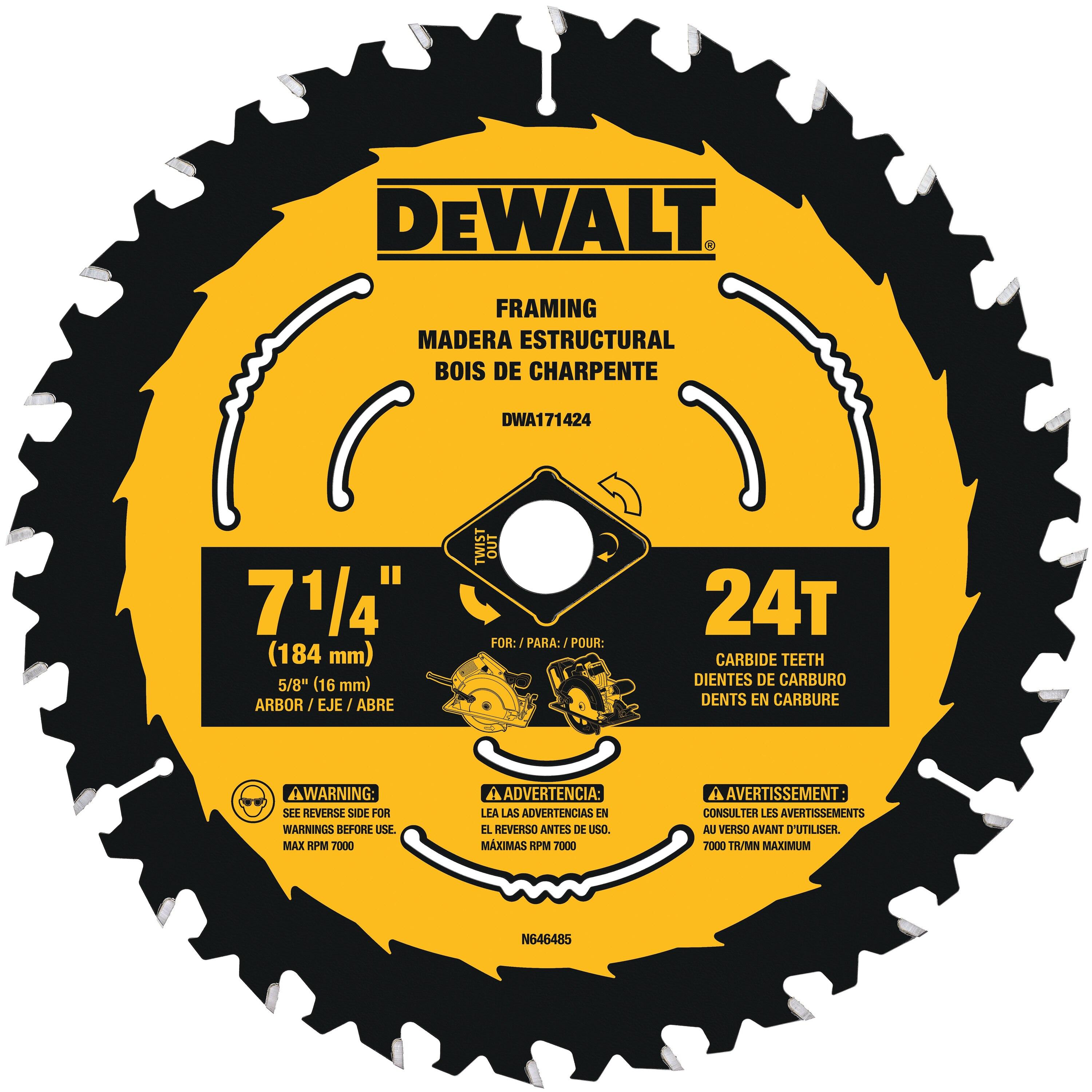 DeWALT® DWA171424 Saw Blade, 7-1/4 in Dia, 0.065 in W Cut, ATB+R, ToughTrack™ Teeth, 24-Teeth, 18 deg Hook