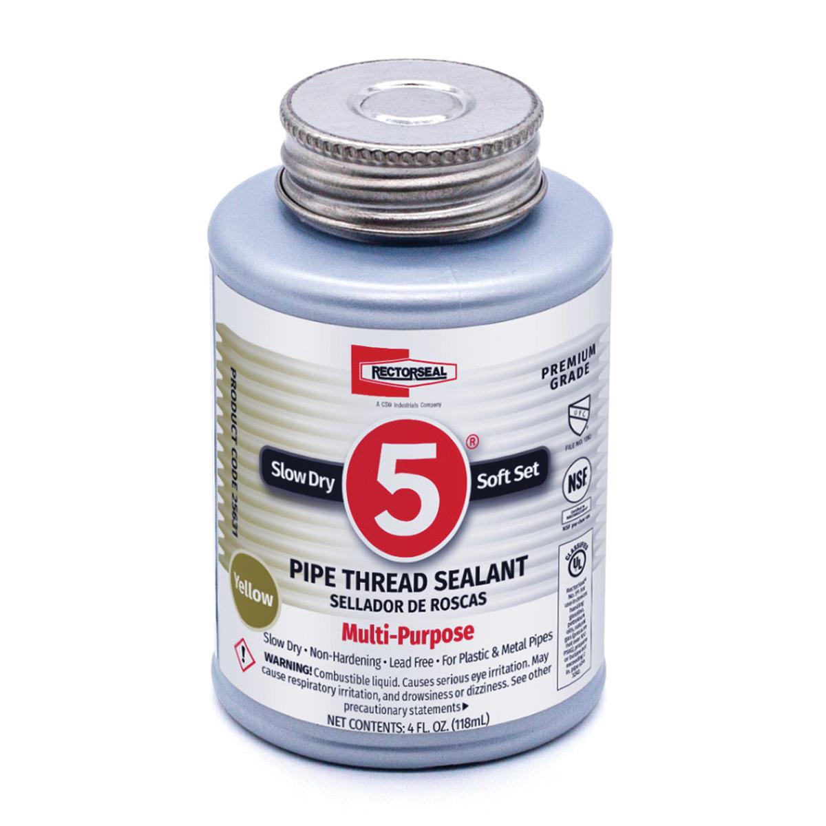 RectorSeal® 5® 25633 Multi-Purpose Pipe Thread Sealant, Paste, Yellow, Mild, 24 hr Curing, 1/4 pt, Brush Top Can