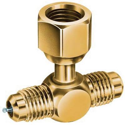 JB Industries A31854 Access Valve Swivel Tee, 1/4 in, SAE Male Flared x SAE Male Flared x SAE Female Flared, Brass