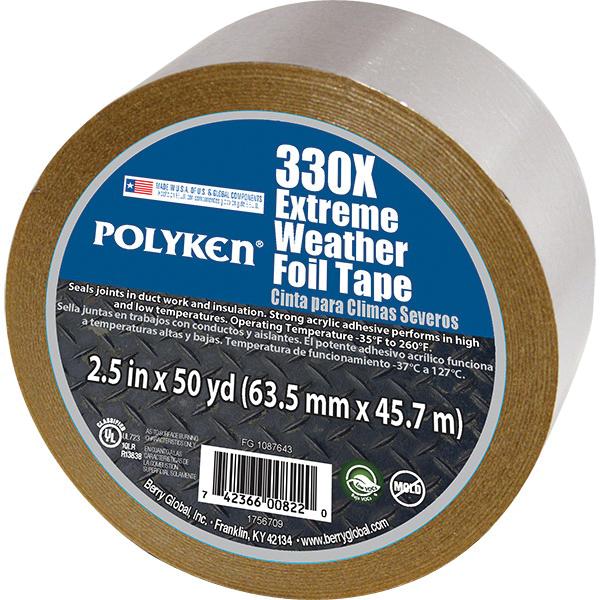 Polyken® 330X Series 1087645 Foil Tape, 3.5 mil Thick, 2 in W, 50 yd L, Acrylic Adhesive, Aluminum Backing