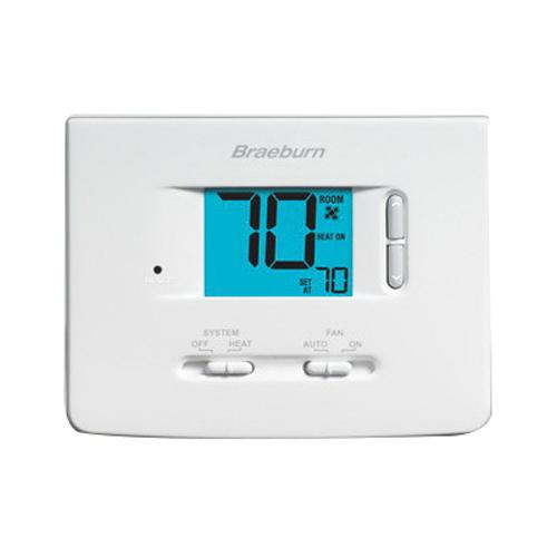Braeburn® Builder Series 1025NC Thermostat, 18 to 30 VAC, 3 VDC, 1 to 2 A, (2) AA Alkaline Battery, 1 Heat