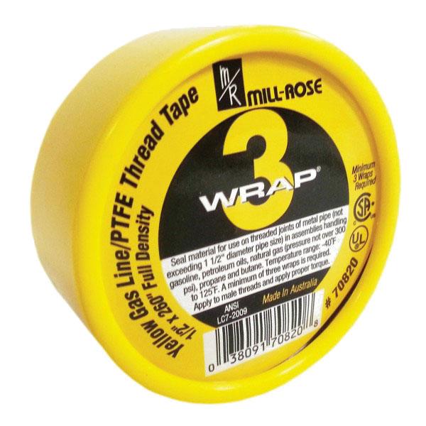 Cleanfit 70820 Tape, 0.004 in Thick, 1/2 in W, 260 in L, Yellow, PTFE, 1.5 g/cc Density